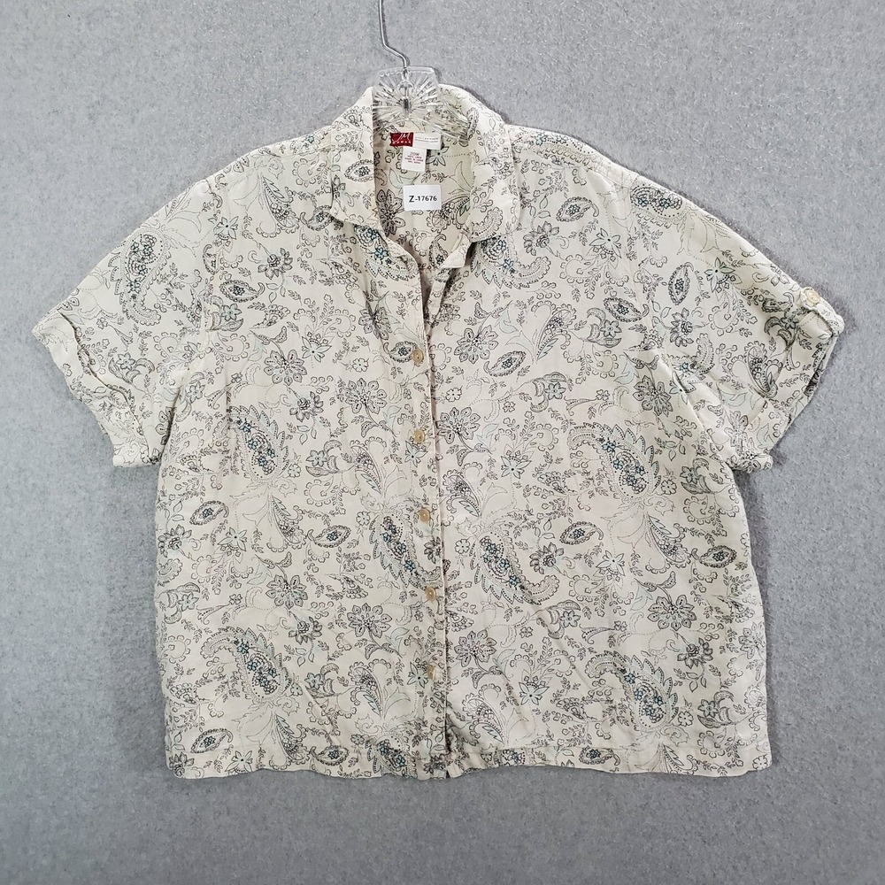JM Collection Women Top 20W Beige Paisley Floral Linen Button Up Collar SS